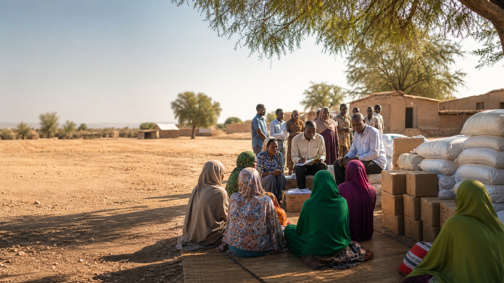 Humanitarian workers consulting with community members in a displacement-affected environment
